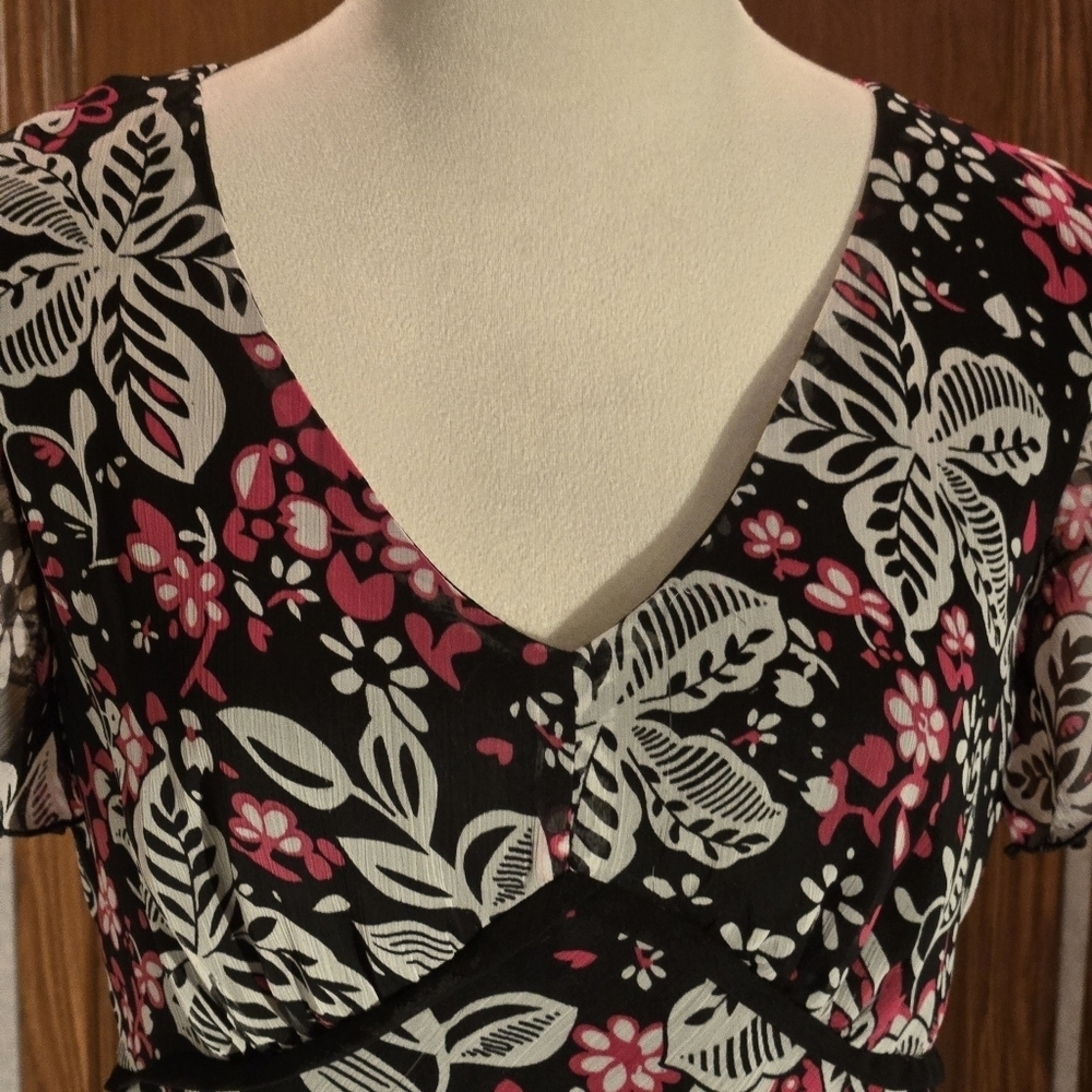 First Option Floral Black Pink White Women's L Top Sheer Shell & Sleeves Lined - Picture 4 of 12